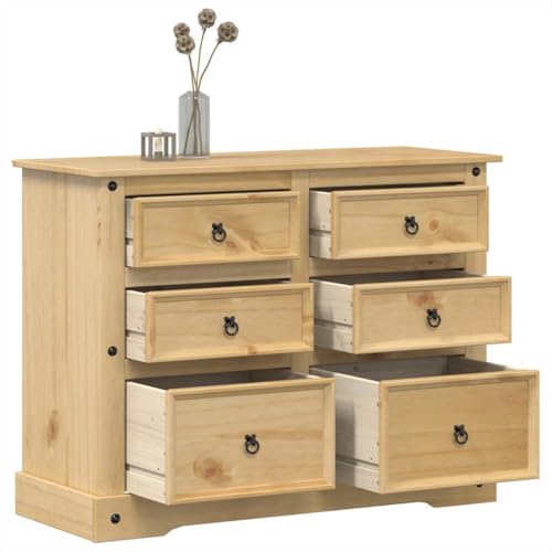 Sinkzol Cómoda Corona de madera maciza de pino con 6 cajones, 112 x 48 x 91 cm, acabado en cera de miel, asas de metal, espacio de almacenamiento para pasillo, salón, dormitorio
