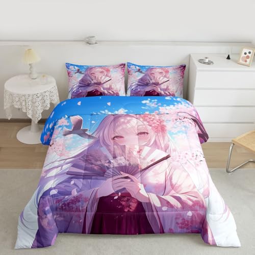 Image of Erosebridal Japanese Style Girl Comforter Set, Cartoon Anime Girl Bedding Japanese Cherry Blossoms Bed Comforter Set, Romance Room Decor, Cartoon Kawaii Girly Bedding Sets King Size 3 Pieces
