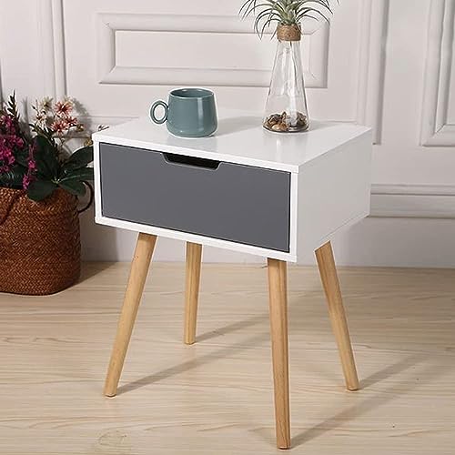 Image of Storage Nightstand Mid-Century Modern Bedside Table with Solid Wood 4 Legs Minimalist and Practical End Side Table- 1 Drawer -Grey White