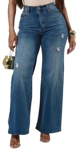 KnoInt Women's Wide Leg Straight Jeans High Waisted Baggy Stretch