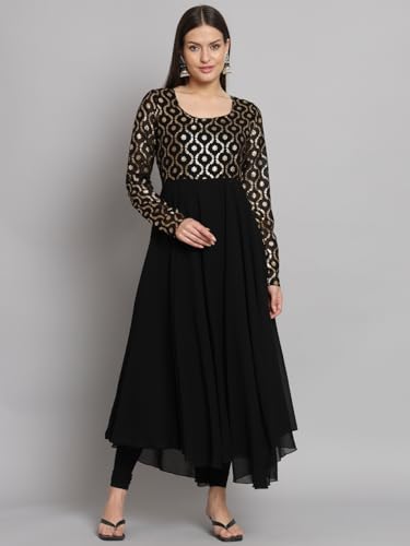 Image of PH POSHAKHUB Georgette Foil Print Anarkali Kurta has Round Neck and Full Sleeve