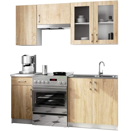 Akord | Set di Mobili da Cucina Lima | Cucina Completa Piccola | Mobile Componibile | Bianco & Quercia Sonoma