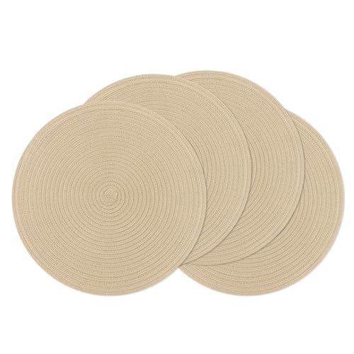 Image of SHACOS 15 inch Round Braided Placemats Set of 4 Cotton Polyester Place Mats Washable Kitchen Dining Table Mats for Dinner Party Table Decor (Light Beige, 4)