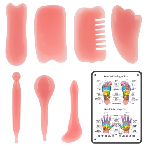 LUWOO 7 Pack Massage Tools and Hand Reflexology Chart Set, Trigger Point Therapy Kit, Guasha Tool for Face and Body Skin, Handheld Stick for Men Women (Pink)