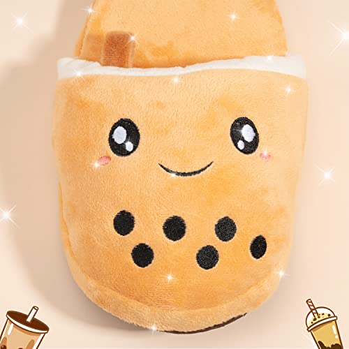 Boba Slippers | Cute Anime Kawaii Bubble Tea | Plush Soft Fuzzy Non-Slip Satin Slip-On House Shoes | Indoors One Size Adults Teens Boba Stuff Fun Birthday Gifts (Beige, Women Small Medium)3