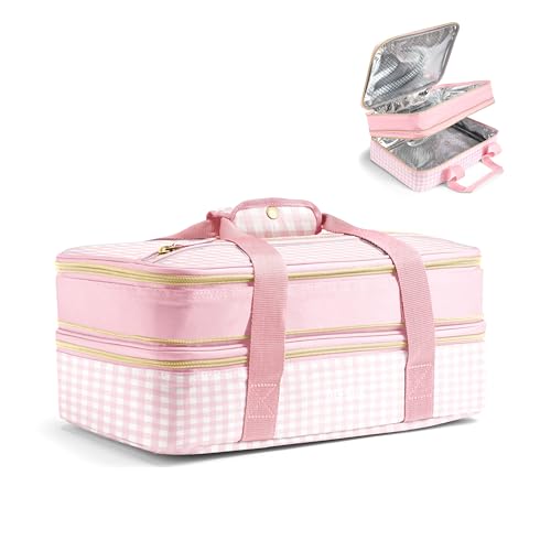Fit & Fresh Insulated Casserole Carrier - Double Decker Food Carrier Fits Two 9x13 Dishes Expandable Hot & Cold Food Transport Bag with Zipper Pocket for Potluck Easter & Travel Pink Gingham