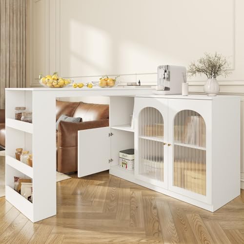 KOMHTOM Table à Manger Pivotante avec Armoire de Rangement, Table de Bar Extensible, Bar Cuisine avec Espace de Rangement, Buffet avec étagères et Vitre...
