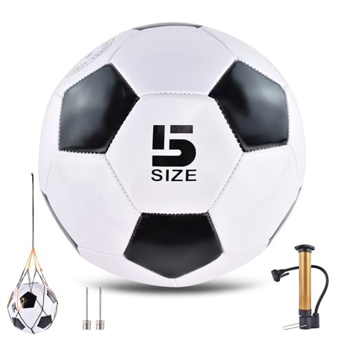ELKCIP Classic deflated Soccer Balls Size 4/5 with Pump and Mesh Bag for Indoor Outdoor Lawn Game Training Practice Bulk Sport Gift for Teens Adults, Black, Size 5