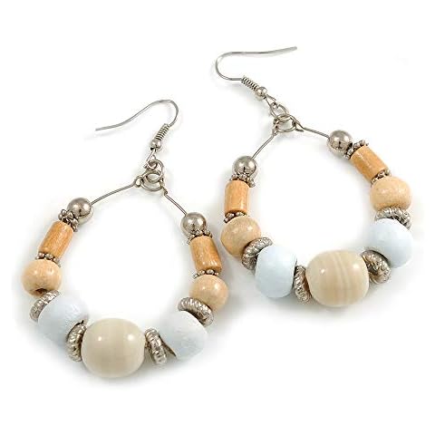Cream Ceramic and Wood Bead Hoop Earrings Cover