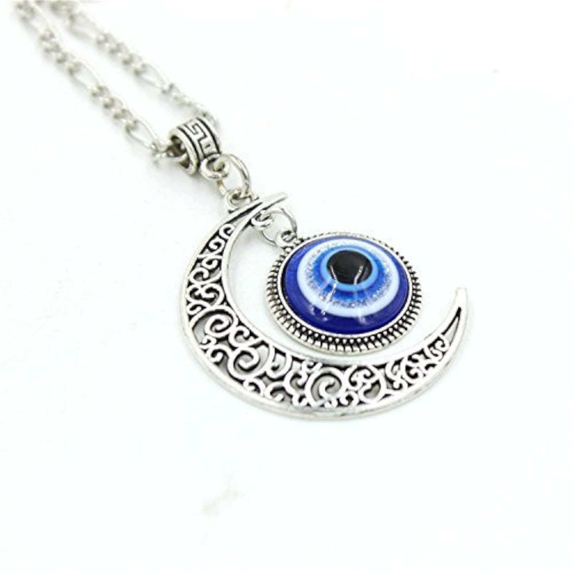 Evil Eye Crescent Moon Pendant Necklace, Turkish Design
