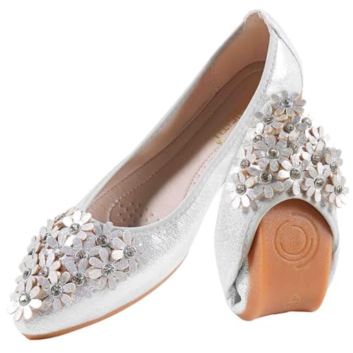 Women's Flats, Foldable Ballet Flats for Women, Flower Pionted Toe Comfort Light Weight Slip-On Dress Shoes