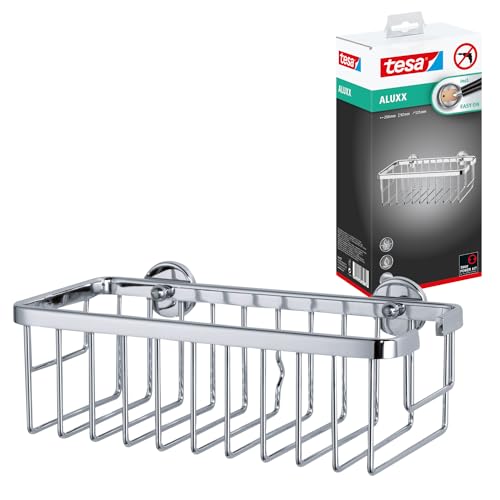 tesa ALUXX Duschkorb, Aluminium, verchromt, garantiert rostfrei, inkl. Klebelösung, tiefer Boden, 125 mm x 250 mm x 92 mm