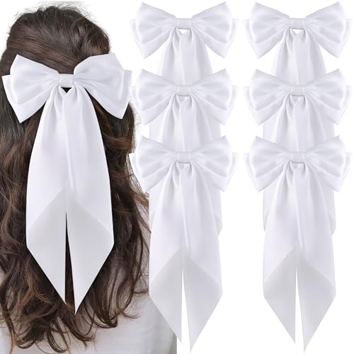 hisial 6Pcs Large Bows Hair Clips for Women Girls Long Tail Hair Ribbon Silky Satin Barrettes Coquette Bows Accessories (White)