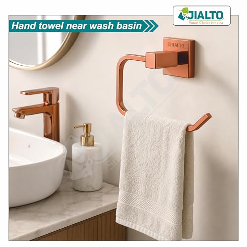 Image of JIALTO Rose Gold Finish Towel Ring - Wall Mounted Stainless Steel Rustproof Towel Holder for Bathroom and Kitchen - Square Hand Towel Hanger for Wash Basin Toilet Sink Area (Pack of 2)