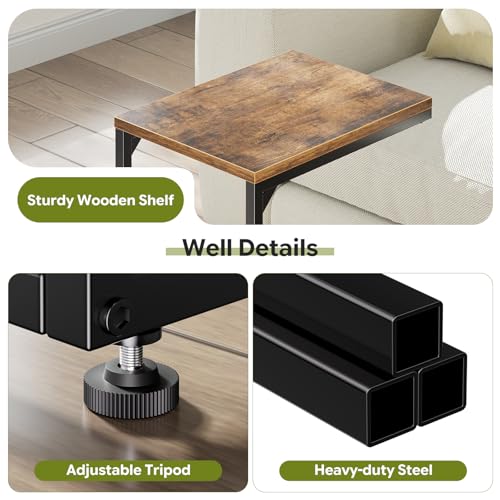 Image of Simple Trending C Shaped End Table, TV Tray for Couch, Small Side Table with Metal Frame, for Living Room Bedroom, Rustic Brown