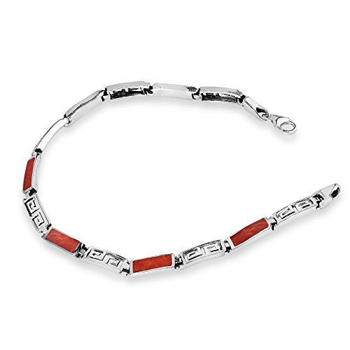 Aeravida Greek Key Labyrinth Reconstructed Red Coral Inlay .925 Sterling Silver Link Bracelet | Red Coral Bracelet | Greek Key Bracelet | Labyrinth Jewelry For Women #TOP2