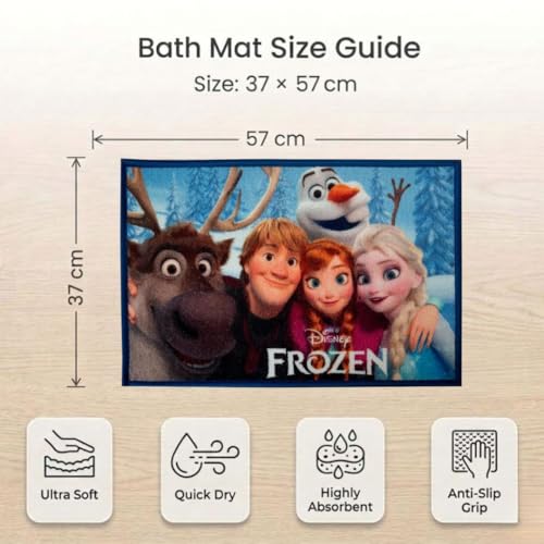 Image of Athom Living Disney Frozen Characters Digital Printed Themed Multi Colored Kids Premium Nylon Bathmat, with Latex Backing, Anti-Skid Bathmat, 37 x 57 cm, Pack of 1