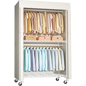 FUTASSI White Clothing Rack with Beige Cover, P1C Rolling Closets with Wheels, Metal Garment Rack for Hanging Clothes, Clothing Storage Wardrobe, 36.2″ W x 16.5″ D x 80.5″ H, Load 450 Pounds