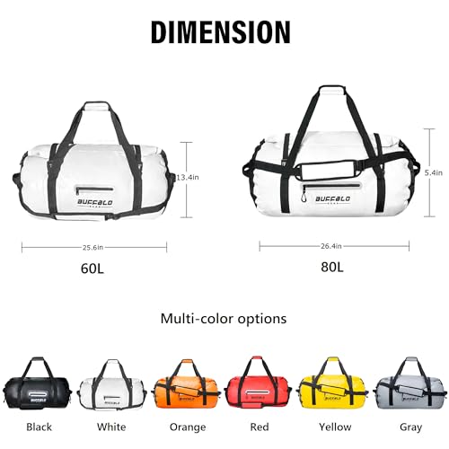Buffalo Gear Waterproof Duffle Bag 80L Travel Duffel Dry Bag Heavy Duty Bag for Kayaking, Rafting, Boating, Fishing, Camping, White