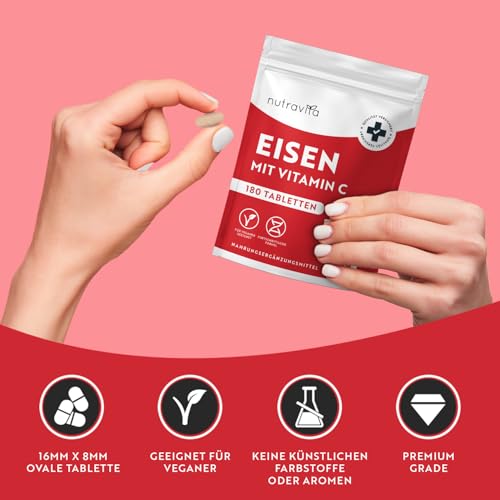 Eisentabletten mit 40 mg Eisen + Vitamin C (80mg) - 180 vegane Tabletten - Eisen Vitamin C Hochdosiert - ohne unerwünschte Zusatzstoffe - 6 Monate Vorrat - Hergestellt von Nutravita