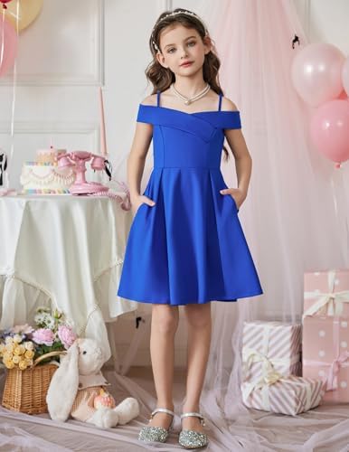 Arshiner Girls Summer Dress Off Shoulder Fold Pleated Formal Elegant A-Line Party Dresses with Pocket Royal Blue for 11-12Years Girls - 3