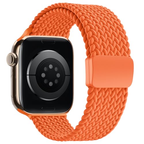 Braceleter Braided Stretchy Band Compatible with Apple Watch Band 38mm 40mm 41mm 42mm 44mm 45mm 46mm 49mm Women Men Adjustable Nylon Elastic Magnetic Clasp Strap for iWatch Series 10 9 8 7 6 5 4 3 2 1 SE Ultra (Orange 44mm/45mm/46mm/49mm/42mm(Series 3 2 1))