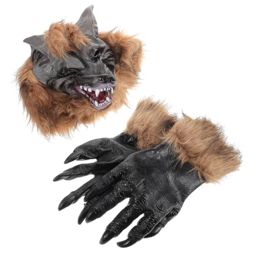 Photo de SAFIGLE Ensemble masque et gants à griffes de tête de loup : masque d'Halloween réaliste pour adultes idéal pour les fêtes costumées, le cosplay et les décorations effrayantes