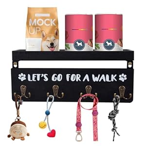 Dog Leash Holder for Wall, Dog Leashes Hangers for Wall Mount, Wood Dogs Leashes Holder for Wall with Four Double Key Hooks Leash Rack for Walls (Black)