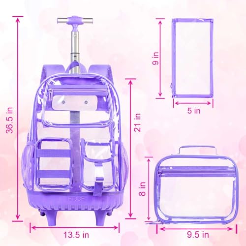Clear Backpack Rolling Backpack for Girls Women, Heavy Duty PVC Transparent Bookbag, See Through Wheeled Backpacks for Teens Elementary Travel - Purple3