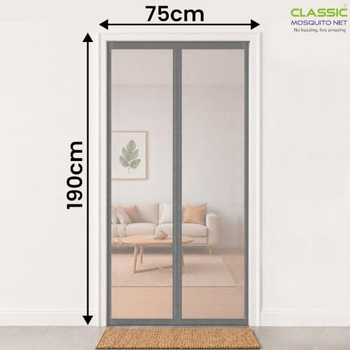 Image of Classic Mosquito Net for Doors with Magnets | Tear-Resistant Fiberglass Mesh | Auto-Close Magnetic Screen Door, Balcony & Kitchen | DIY Installation | Protection Insects (190 x 75 cm,Grey)