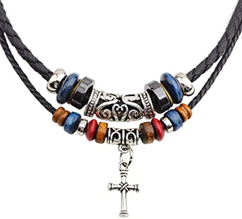 Braided Leather Necklace Vintage Style Double Layers Black Tribal Necklace with Charm Cross Pendant (Black)