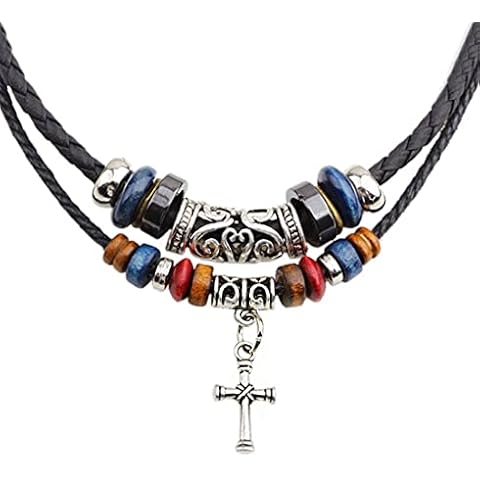 Braided Leather Necklace Vintage Style Double Layers Black Tribal Necklace with Charm Cross Pendant Black Cross Cover