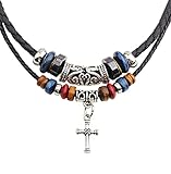 Braided Leather Necklace Vintage Style Double Layers Black Tribal Necklace with Charm Cross Pendant Black Cross