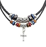 Braided Leather Necklace Vintage Style Double Layers Black Tribal Necklace with Charm Cross Pendant (Black)