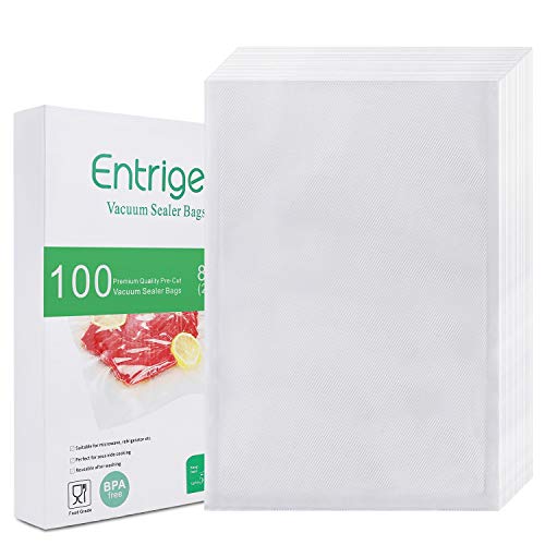 Authentic Crazy Deals Entrige Vacuum Sealer Bags for Food, 8 X 12 Inches Pre-cut Food Saver Bags Rolls, BPA-Free Vacuum Food Storage Bags for Sous Vide Vac Seal, Commercial Grade, Embossed Seal A Meal Bags Rolls (100 Pcs)