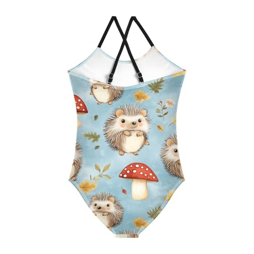 Cute Hedgehogs Girls One Piece Swimsuits Mushroom Sport Halter Swimwear Beach Bathing Suit 3T2