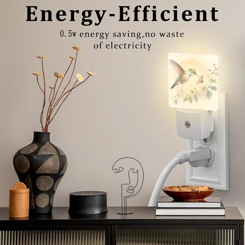 Image of Groovy Hummingbird Flower Night Light for Kids, Watercolor Floral Bird Night Light Plug in with Dusk to Dawn Sensor, 0.5w Energy Saving Sleep Friendly Nightlight for Hallway Stairway Kitchen Bedroom