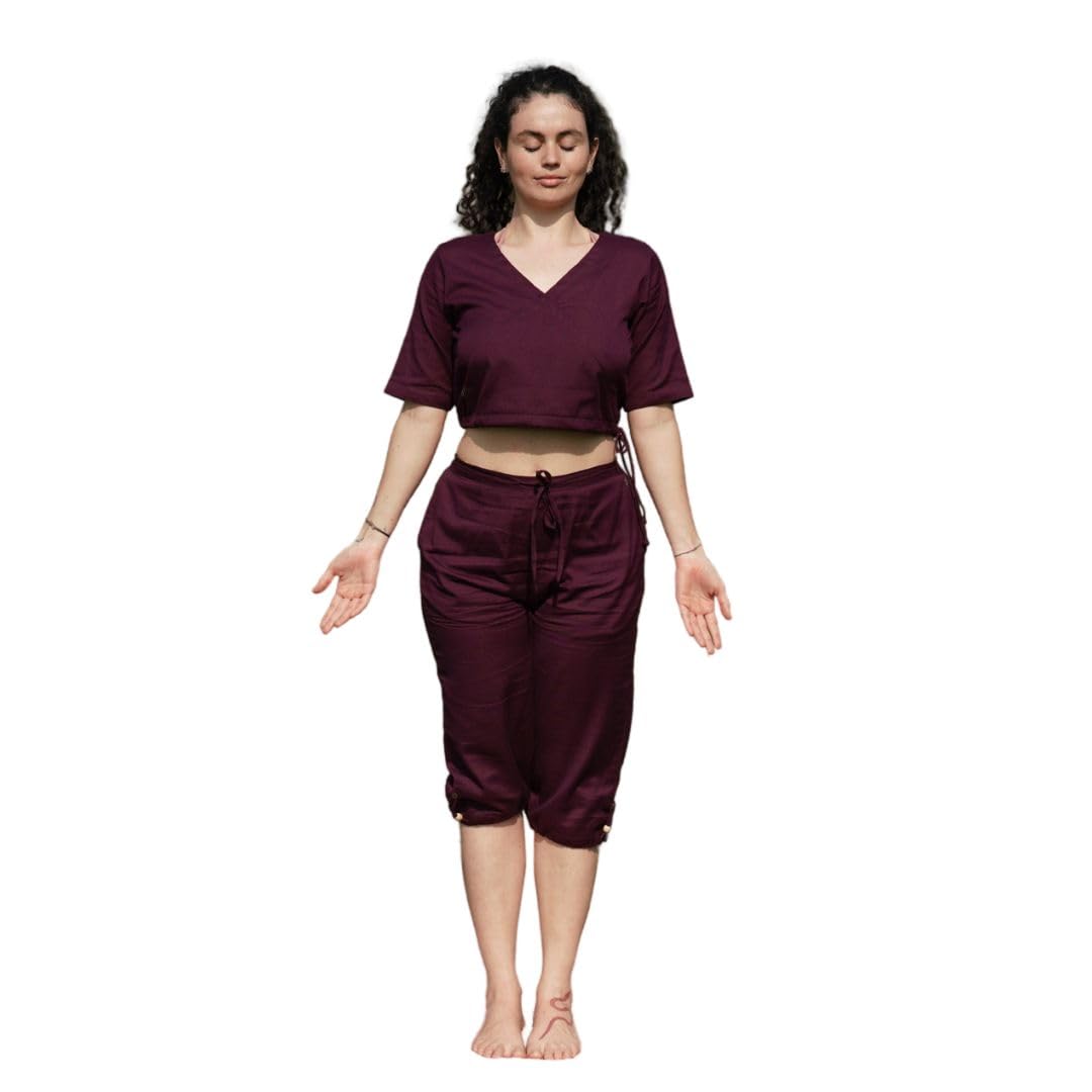 AKISO women Apas Yoga Set Of 2 (Top & Pants) 100% Cotton Cross Body Top Mid Waist Culotte Pants Elasticised Back Straight Fit