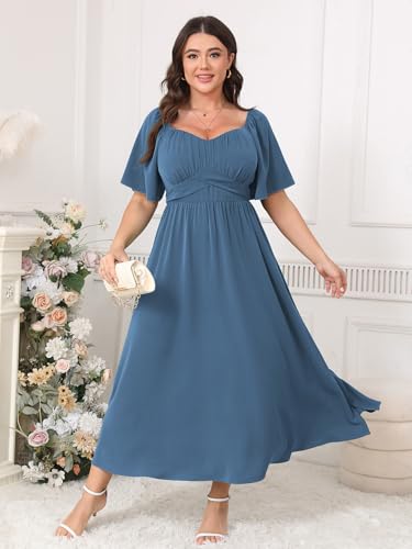 Image of CICIDUDU Plus Size Dress Wedding Guest Semi Formal Ruffle Short Sleeve Sweetheart Neckline Slit A Line Flowy Maxi Dresses