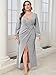 CYCLAMEN Plus Size Formal Maxi Dress Sparkly Ruched Puff Sleeve V Neck Slit Cocktail Wedding Guest Prom Evening Gown, Silver, 1X