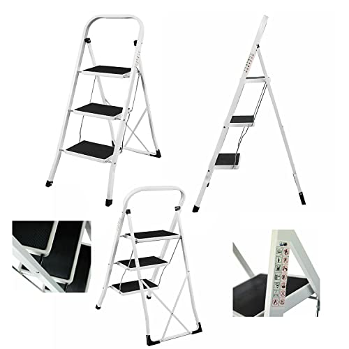Escalera de Mano - 44.5 x 67 x 101.5cm Escalera de Tijera 3 Peldaños con Peldaños Anchos y Alfombrillas de Goma Escalera Decorativa 3 Peldaños por Pintar, Decorar, Bricolaje, Carga Máxima 150kg Cover