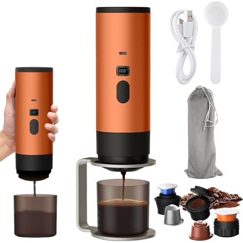 Cafetera portátil con soporte, calefacción rápida 3 en 1 cafetera, portátil, pantalla inteligente, cafetera recargable, compatible con taza y café molido (naranja)