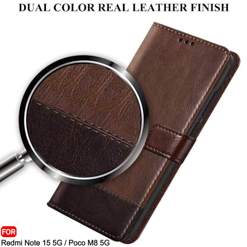 Image of TheGiftKart Flip Back Cover Case for Mi Redmi Note 15 / Note 15 SE /Poco M8 5G | Dual-Color Leather Finish | Inbuilt Stand & Pockets | Wallet Style Flip Back Case Cover (Faux Leather, Brown & Coffee)