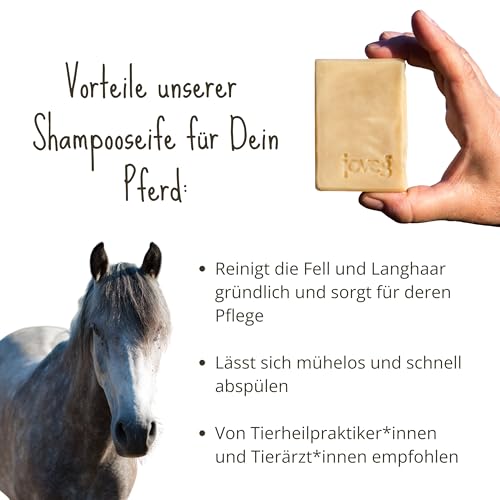 joveg® Pferdeseife Shampoo, Pferde-Pflege, Hautpflege -Bio Shampoo Seife, Reinigung, Pflege, Schweifwäsche, Mähne, Schimmel- Made in Germany, Handgemacht, 140g