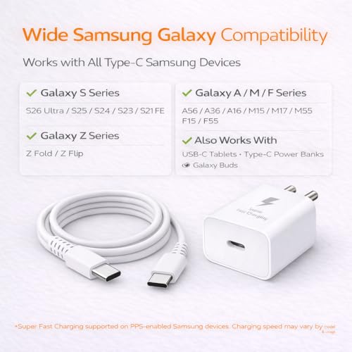 Image of 25W Charger for Samsung with Type C Cable | Super Fast Charging for Galaxy S26 /S25 Ultra, S24 FE, A56 /A36, M15 5G /M17 /M55, F15 /F55 /Z Fold & S /A /M /F /Z Series - BIS Certified