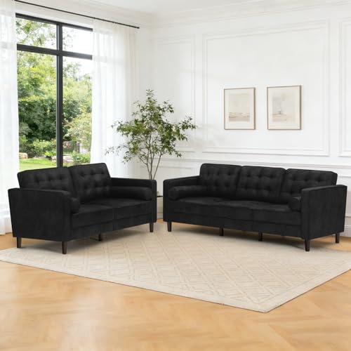 Image of Suede Leather Upholstered Sofa Set with Tufted Backrests, Black | 3 Seaters Couch and Loveseat Sofa with Bolster Pillows, 2 Pieces Living Room Set for Living Room, House