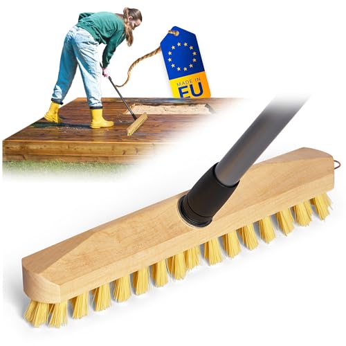 Schrubber aus Holz mit Borsten| Wischer mit Gewinde und Teleskopstiel| Scheuerbürste PPN| Boden-Bürste| Ideal für Reinigung von Balkon Terrasse Garten Innen- Außenbereich