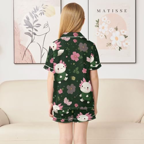 Satin Pajama Sets Short Sleeve Cute Axolotl Floral Pattern Button Down Silky Nightwear 2 Piece PJS 5-14Y4