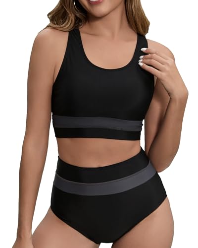 Women's High Waisted Bikini Sets Two Piece Swimsuit Color Block Sporty Athletic Moderate Coverage Bathing Suits