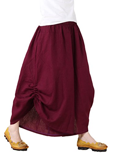 Vogstyle Las Mujeres de Algodón de Lino del Tamaño Extra Grande Irregulares Pantalones de Pierna Ancha Estilo 1 Vino Rojo M